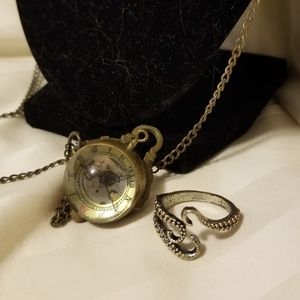 Halloween Steam Punk Clock Necklace and Ring Lot